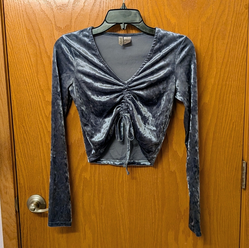 H&M Velvet Ruched Drawstring Long-Sleeve Crop Top - Steel Blue